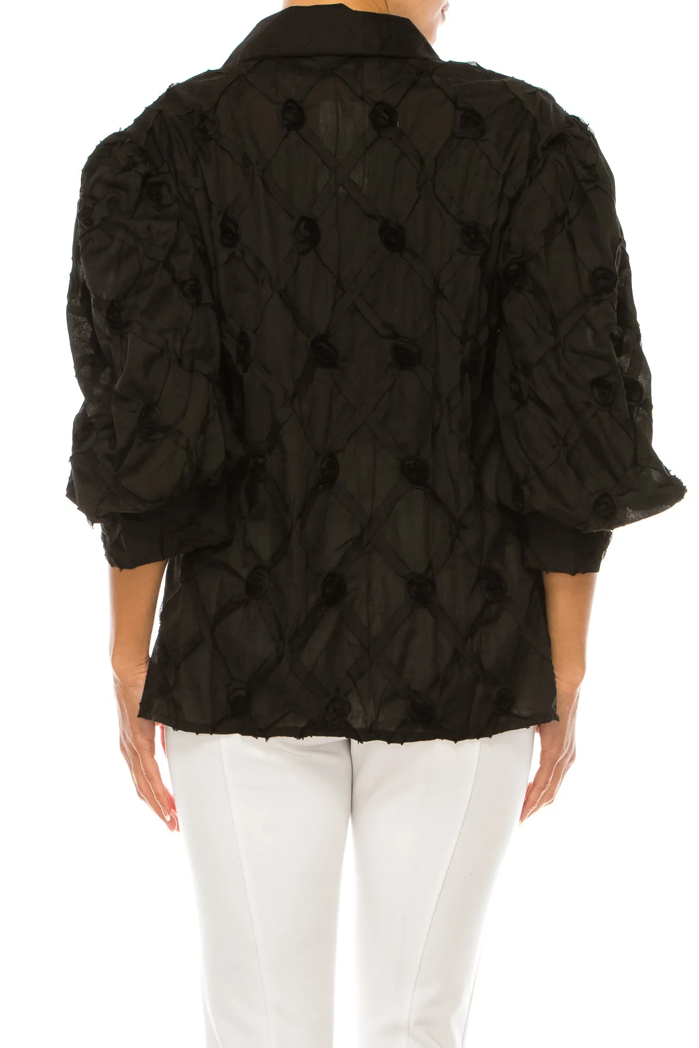 Vivid Puff Sleeve Ribbon Applique Button Down Top