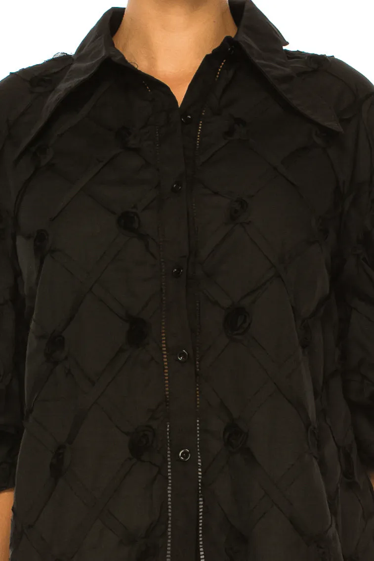 Vivid Puff Sleeve Ribbon Applique Button Down Top