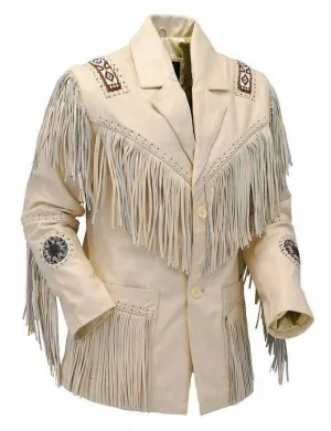 Western Beige Leather Fringe Beaded Jacket for Men MWJ319