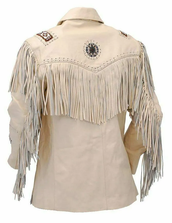 Western Beige Leather Fringe Beaded Jacket for Men MWJ319