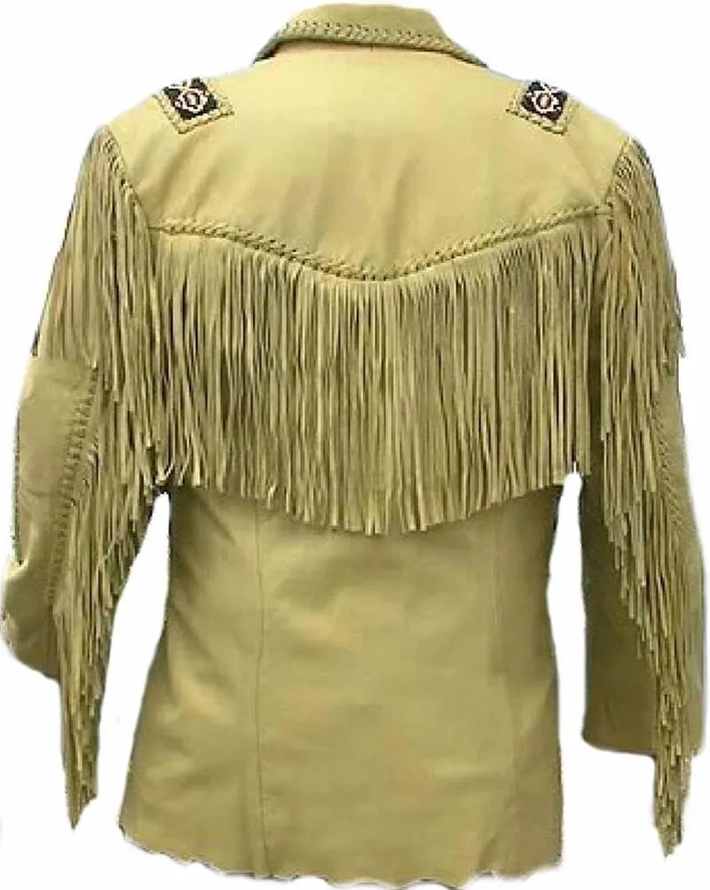 Western Beige Leather Fringe Beaded Jacket for Men MWJ323
