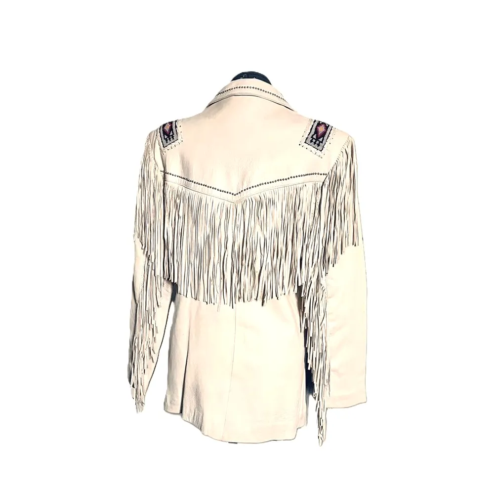 Western Beige Leather Fringe Jacket for Men MWJ301