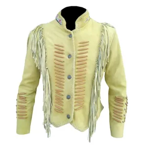 Western Beige Suede Leather Fringe Bone Jacket for Men MWJ329