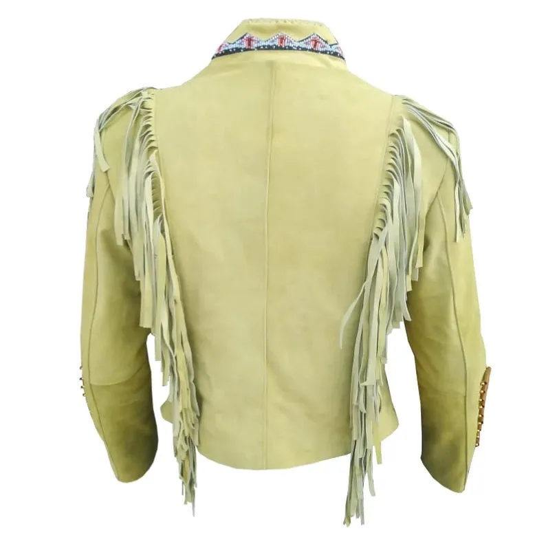 Western Beige Suede Leather Fringe Bone Jacket for Men MWJ329