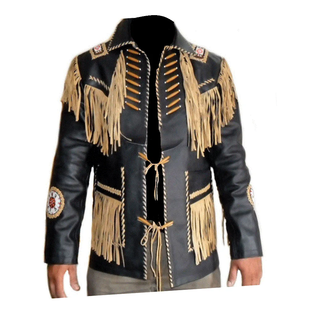 Western Black Leather Fringe Beaded Jacket for Men MWJ518