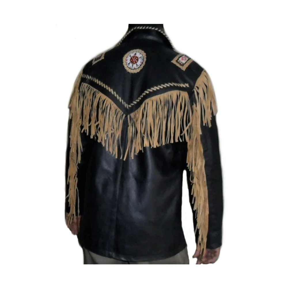 Western Black Leather Fringe Beaded Jacket for Men MWJ518