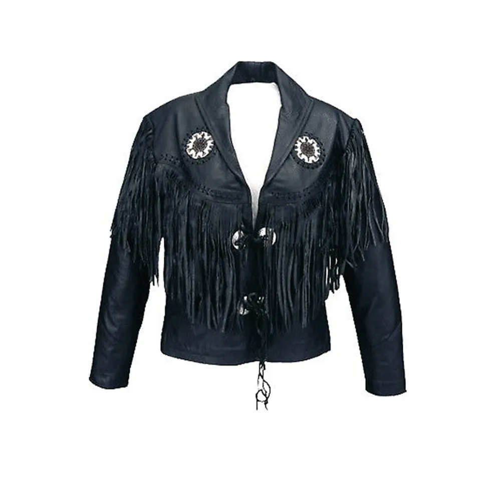 Western Black Leather Fringe Beaded Jacket for Men MWJ548