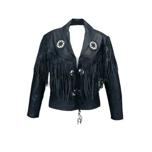Western Black Leather Fringe Beaded Jacket for Men MWJ548