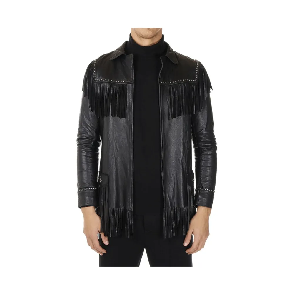 Western Black Leather Fringe Jacket for Men MWJ545