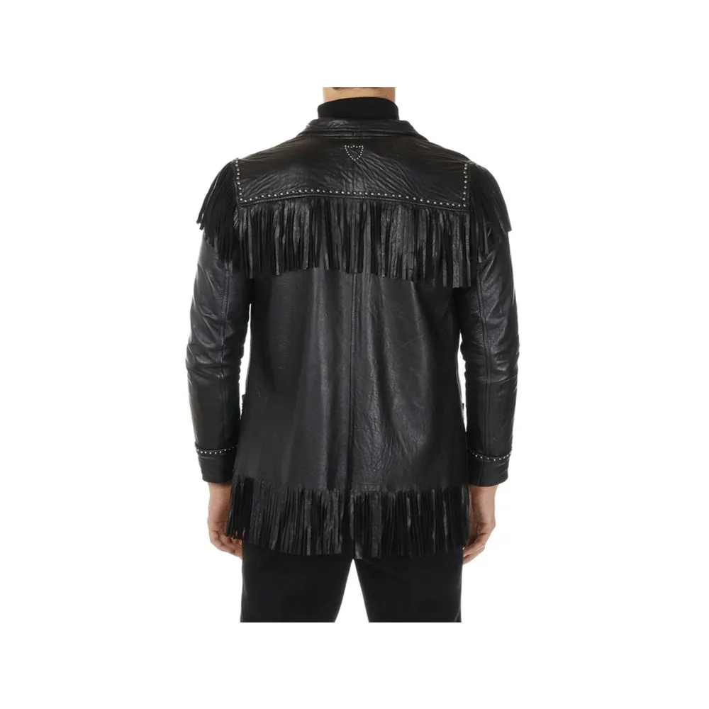 Western Black Leather Fringe Jacket for Men MWJ545