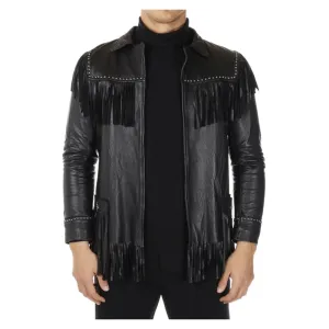 Western Black Leather Fringe Jacket for Men MWJ545
