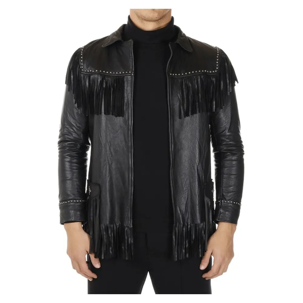 Western Black Leather Fringe Jacket for Men MWJ545