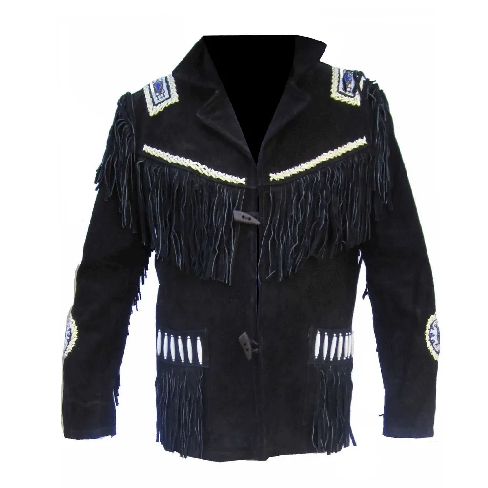 Western Black Suede Leather Fringe Beaded Jacket for Men MWJ524
