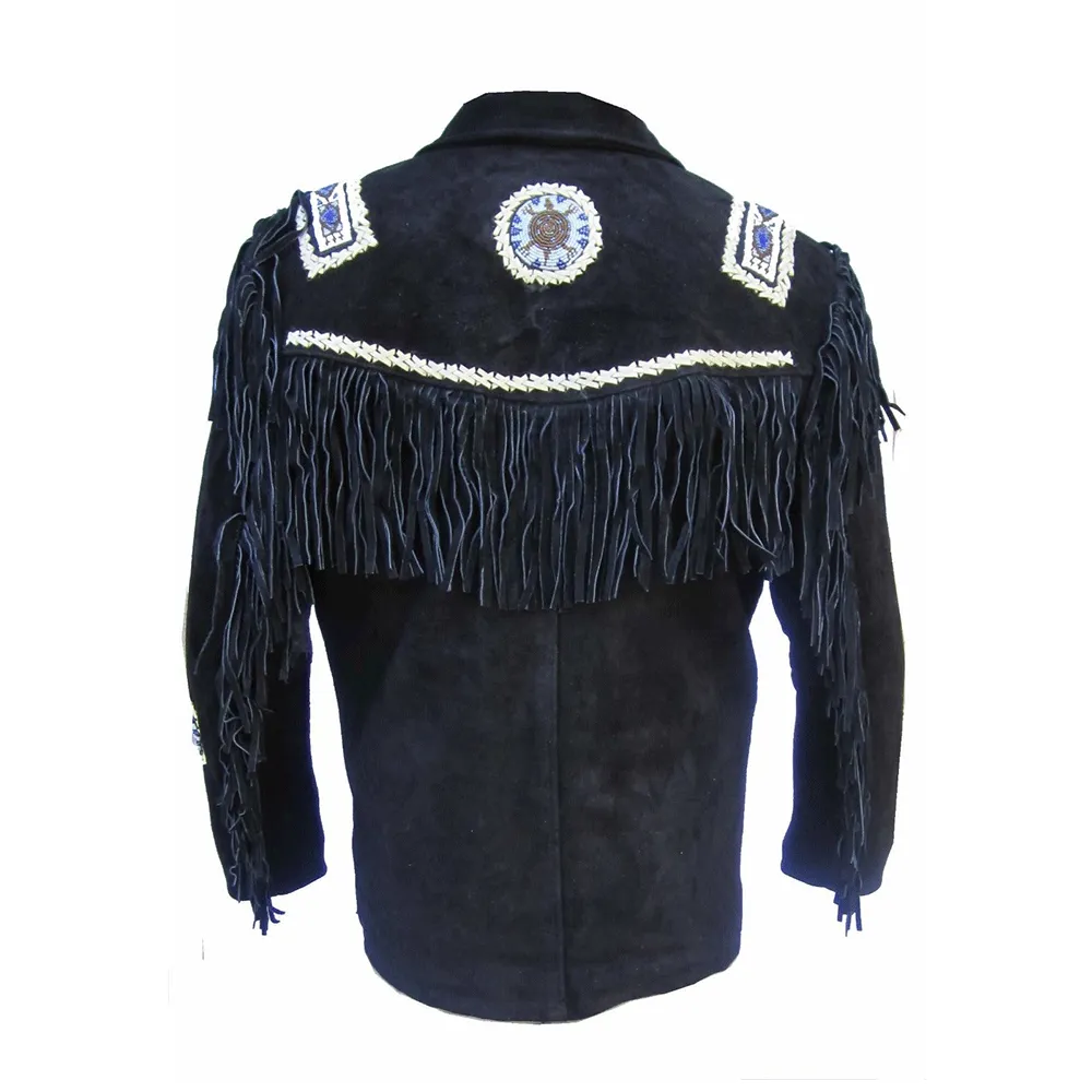 Western Black Suede Leather Fringe Beaded Jacket for Men MWJ524
