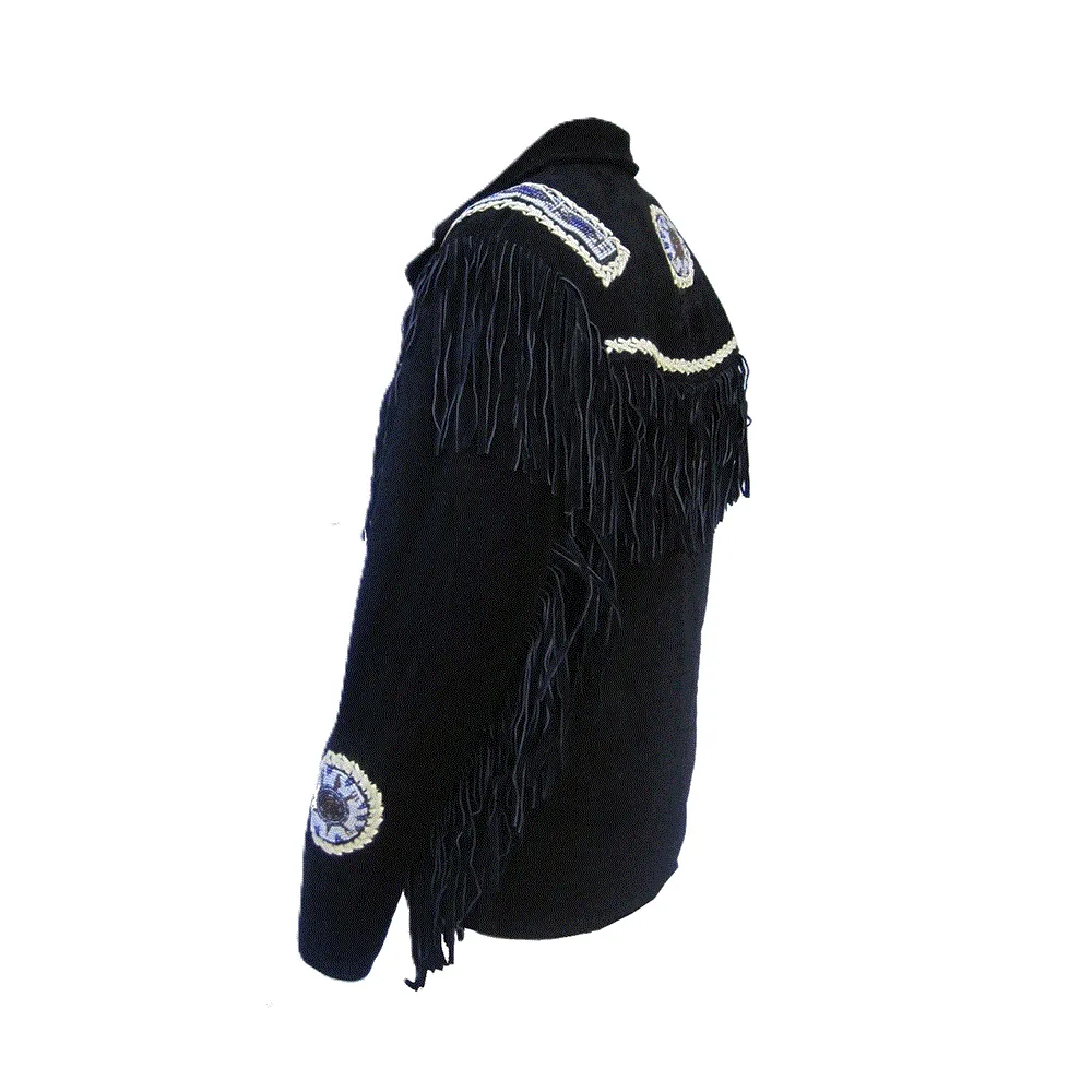 Western Black Suede Leather Fringe Beaded Jacket for Men MWJ524