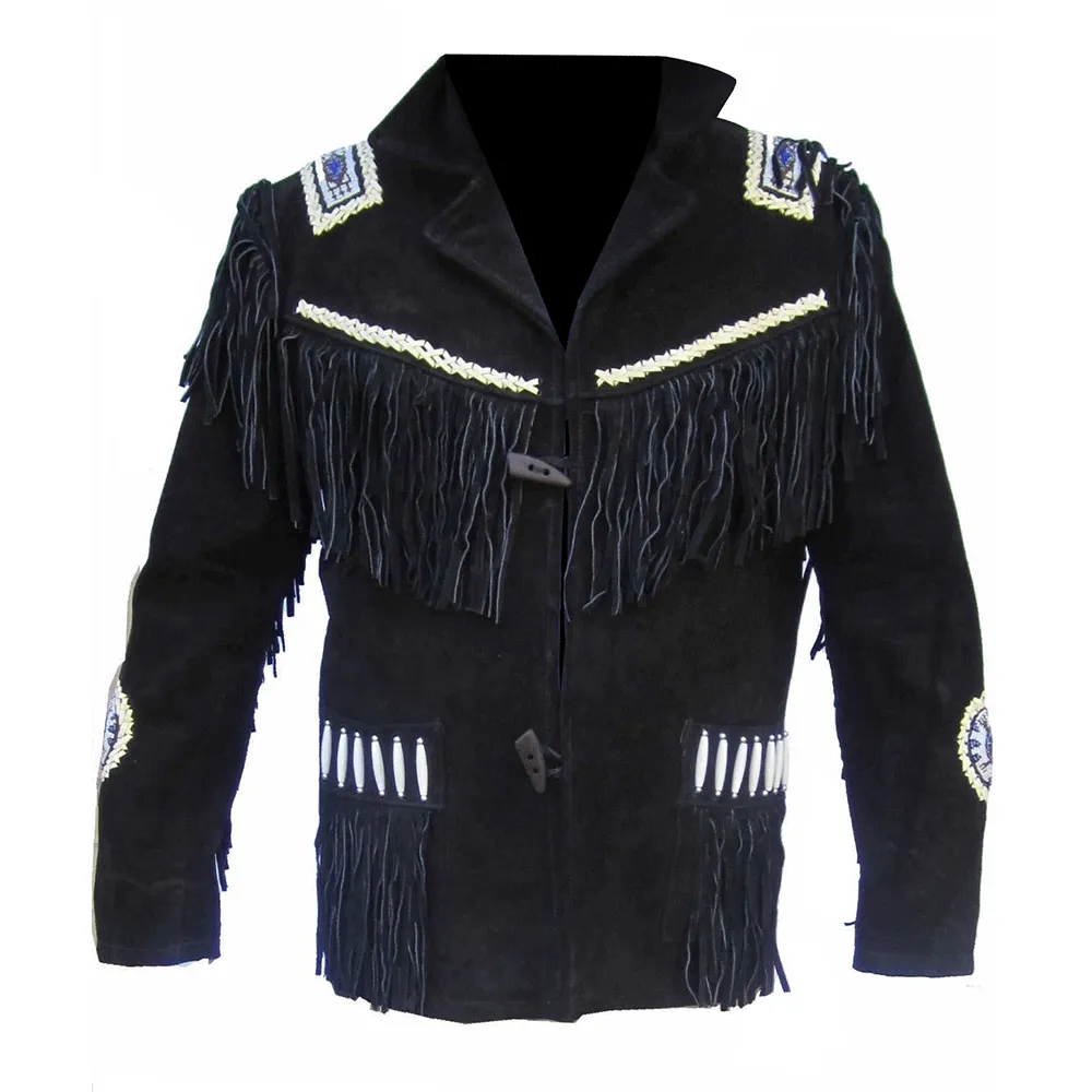 Western Black Suede Leather Fringe Beaded Jacket for Men MWJ524