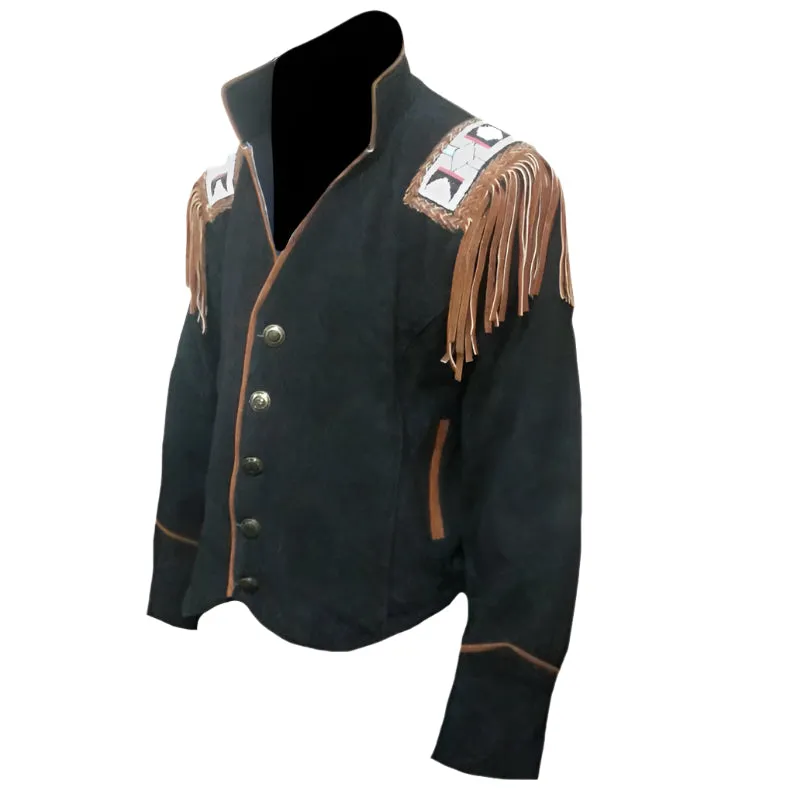 Western Black Suede Leather Fringe Beaded Jacket for Men MWJ535