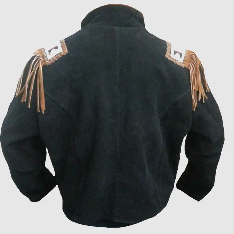 Western Black Suede Leather Fringe Beaded Jacket for Men MWJ535
