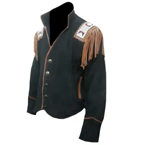 Western Black Suede Leather Fringe Beaded Jacket for Men MWJ535