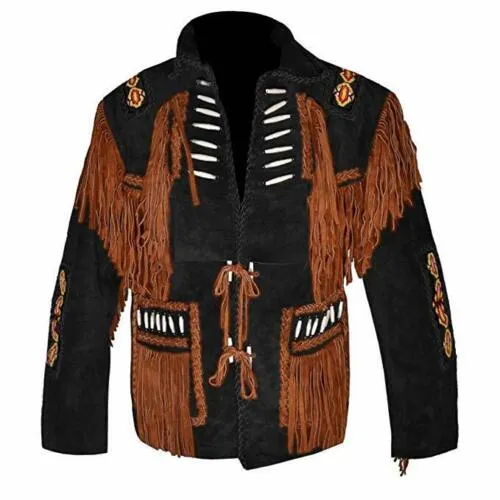 Western Black Suede Leather Fringe Beaded Jacket for Men MWJ551