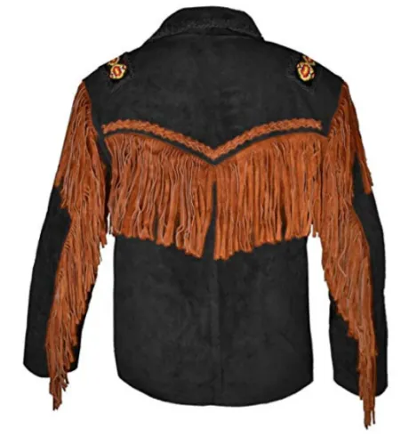 Western Black Suede Leather Fringe Beaded Jacket for Men MWJ551