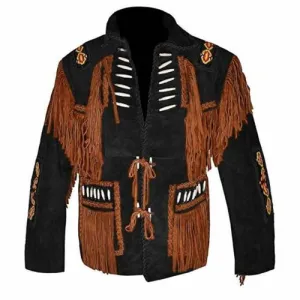 Western Black Suede Leather Fringe Beaded Jacket for Men MWJ551