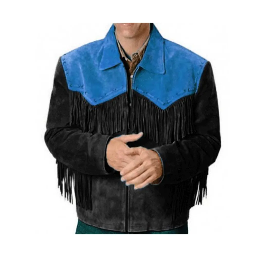Western Black Suede Leather Fringe Jacket for Men MWJ537
