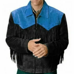 Western Black Suede Leather Fringe Jacket for Men MWJ537