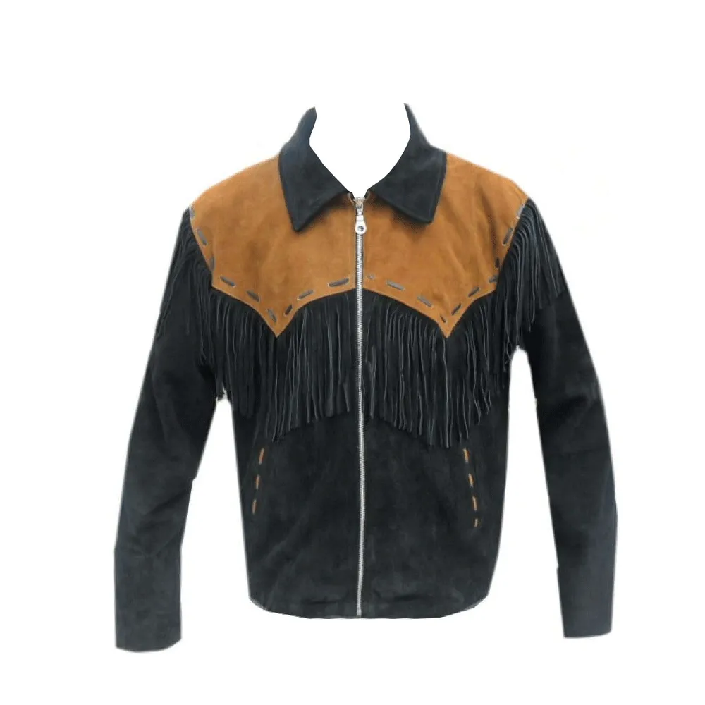 Western Black Suede Leather Fringe Jacket for Men MWJ541