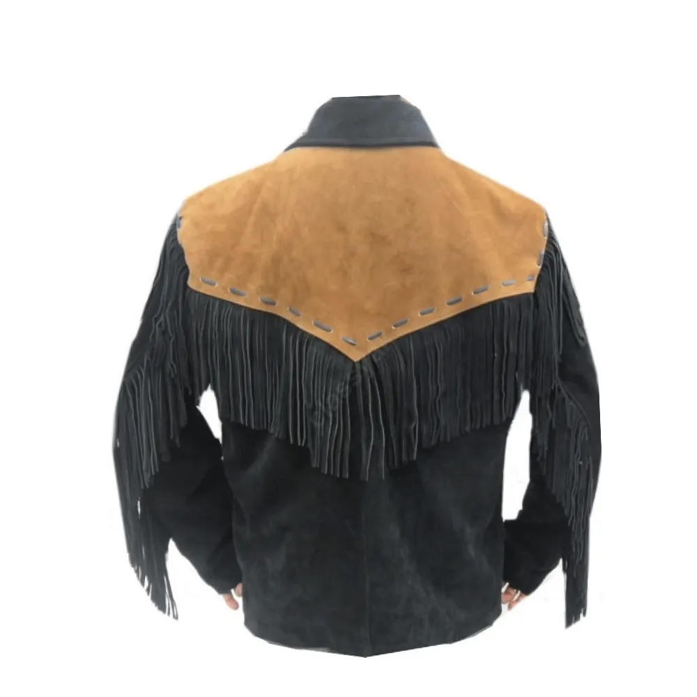 Western Black Suede Leather Fringe Jacket for Men MWJ541