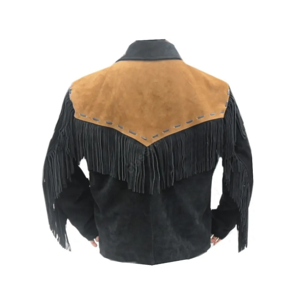 Western Black Suede Leather Fringe Jacket for Men MWJ541