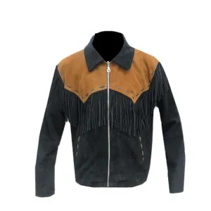 Western Black Suede Leather Fringe Jacket for Men MWJ541
