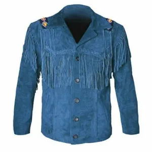 Western Blue Suede Leather Fringes Beaded Jacket for Men MWJ603