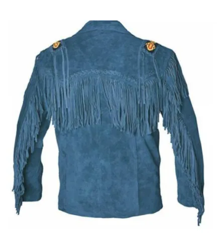 Western Blue Suede Leather Fringes Beaded Jacket for Men MWJ603