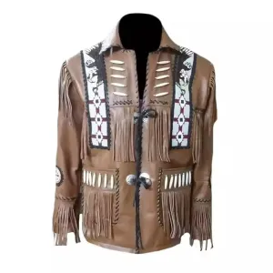 Western Brown Leather Fringe Eagle Beaded Jacket for Men MWJ762