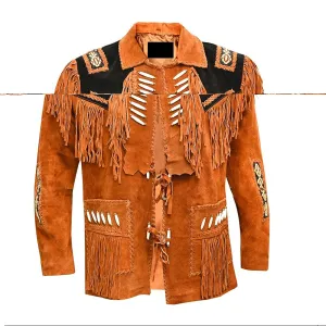 Western Brown Suede Leather Fringe Beaded Jacket for Men MWJ715