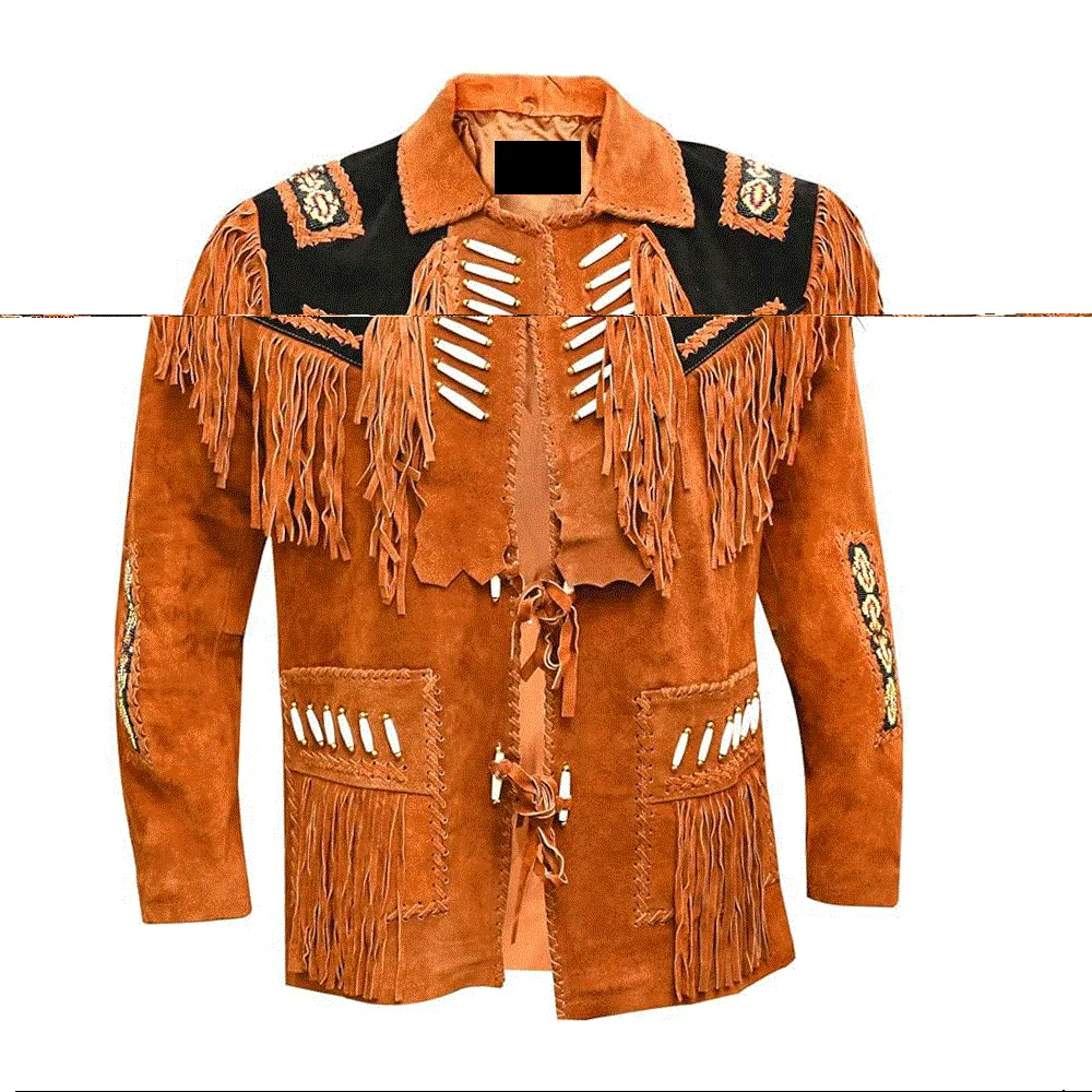 Western Brown Suede Leather Fringe Beaded Jacket for Men MWJ715