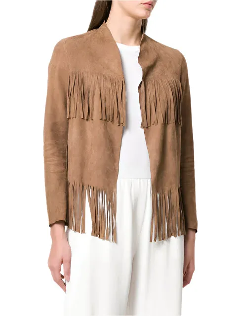 Western Fringe Beige Suede Leather Jacket for Women Cowgirl WFJ212