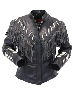 Western Fringe Black Leather Jacket for Women Cowgirl WFJ705