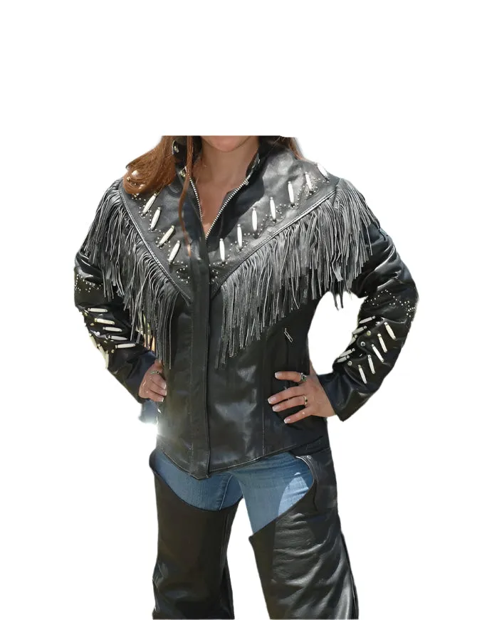Western Fringe Black Leather Jacket for Women Cowgirl WFJ705