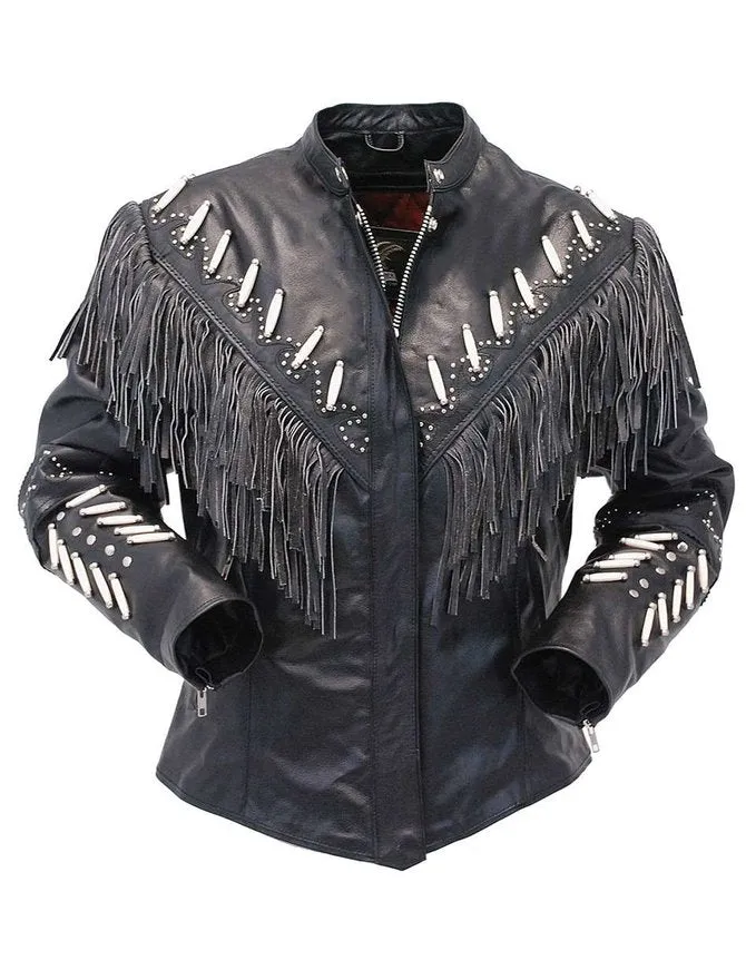 Western Fringe Black Leather Jacket for Women Cowgirl WFJ705