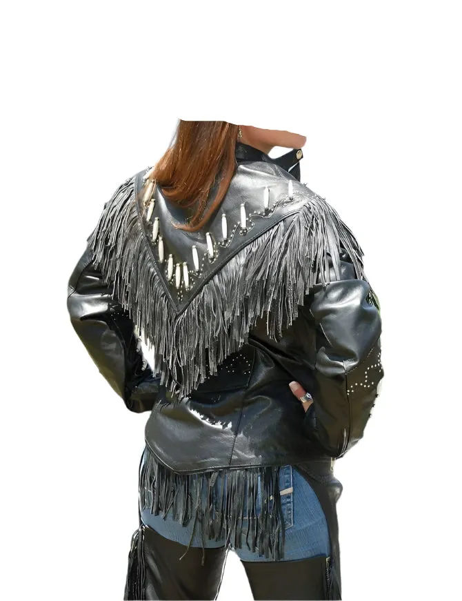 Western Fringe Black Leather Jacket for Women Cowgirl WFJ705