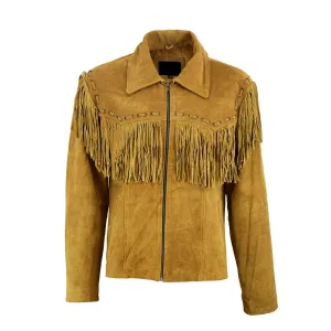 Western Fringe Brown Suede Leather Jacket for Men MWJ726