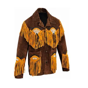 Western Fringe Brown Suede Leather Jacket for Men MWJ783