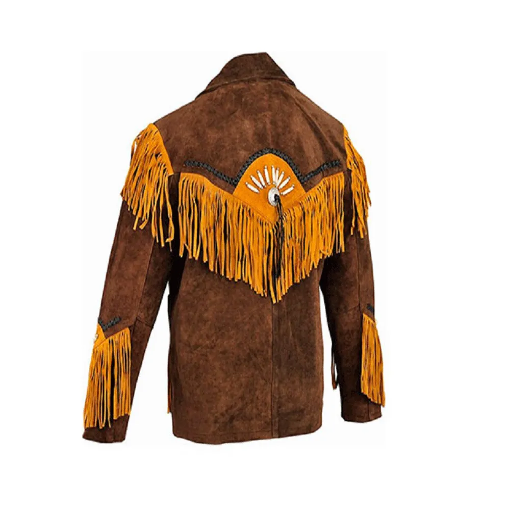 Western Fringe Brown Suede Leather Jacket for Men MWJ783