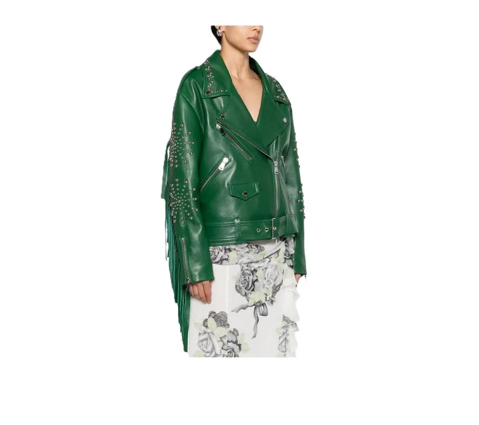 Western Fringe Green Leather Jacket Stud Biker Jacket for Women WFJ403