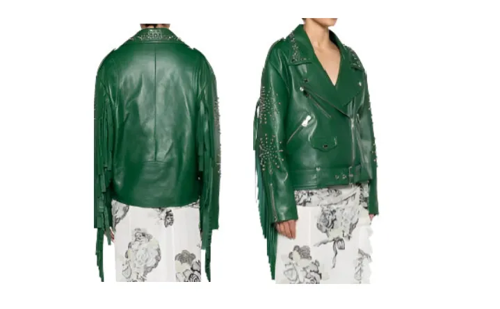 Western Fringe Green Leather Jacket Stud Biker Jacket for Women WFJ403