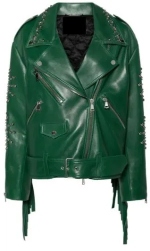 Western Fringe Green Leather Jacket Stud Biker Jacket for Women WFJ403