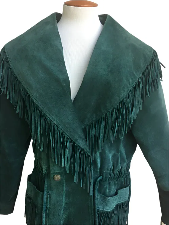 Western Fringe Green Suede Leather Long Jacket for Women WFJ406