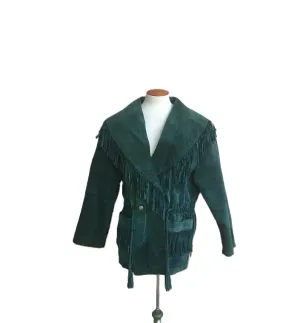 Western Fringe Green Suede Leather Long Jacket for Women WFJ406